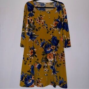 Hershe women’s size XL long sleeve dress golden yellow blue orange floral print